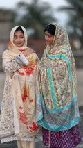 Premium Cotton Digital Print Dupatta – Ivory Coral Floral & Aqua Paisley Stripe