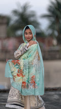Designer Cotton Digital Print Dupatta – Mint Green Pastel Floral & Scalloped Lace Border