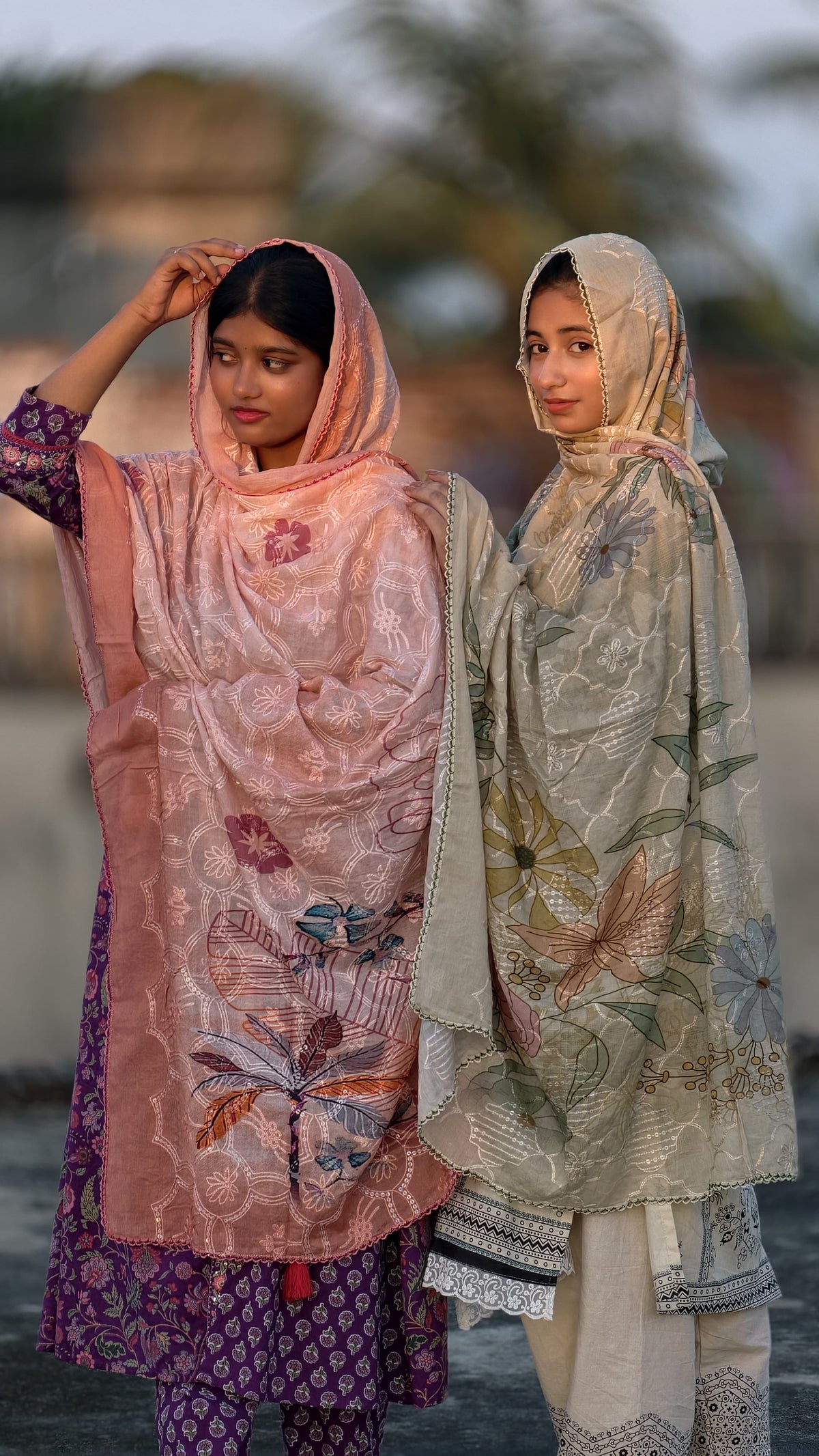 Premium Cotton Digital Print Dupatta – Ivory Coral Floral & Aqua Paisley Stripe