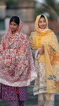 Premium Cotton Digital Print Dupatta – Ornate Kashmiri Kalamkari & Honey-Gold Botanical