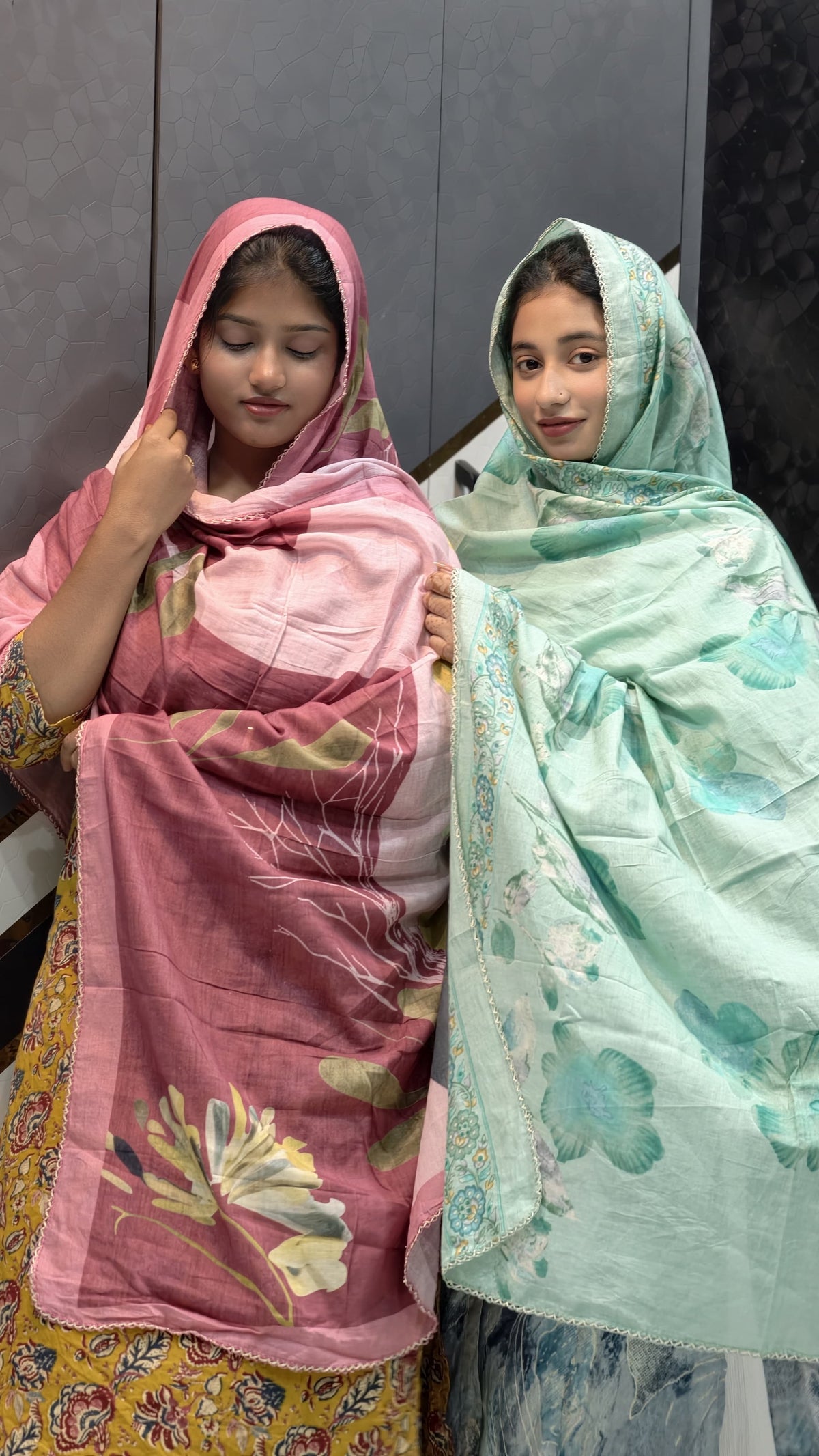 Daily Wear Cotton Printed Dupatta – Rose Pink Botanical & Seafoam Green Floral