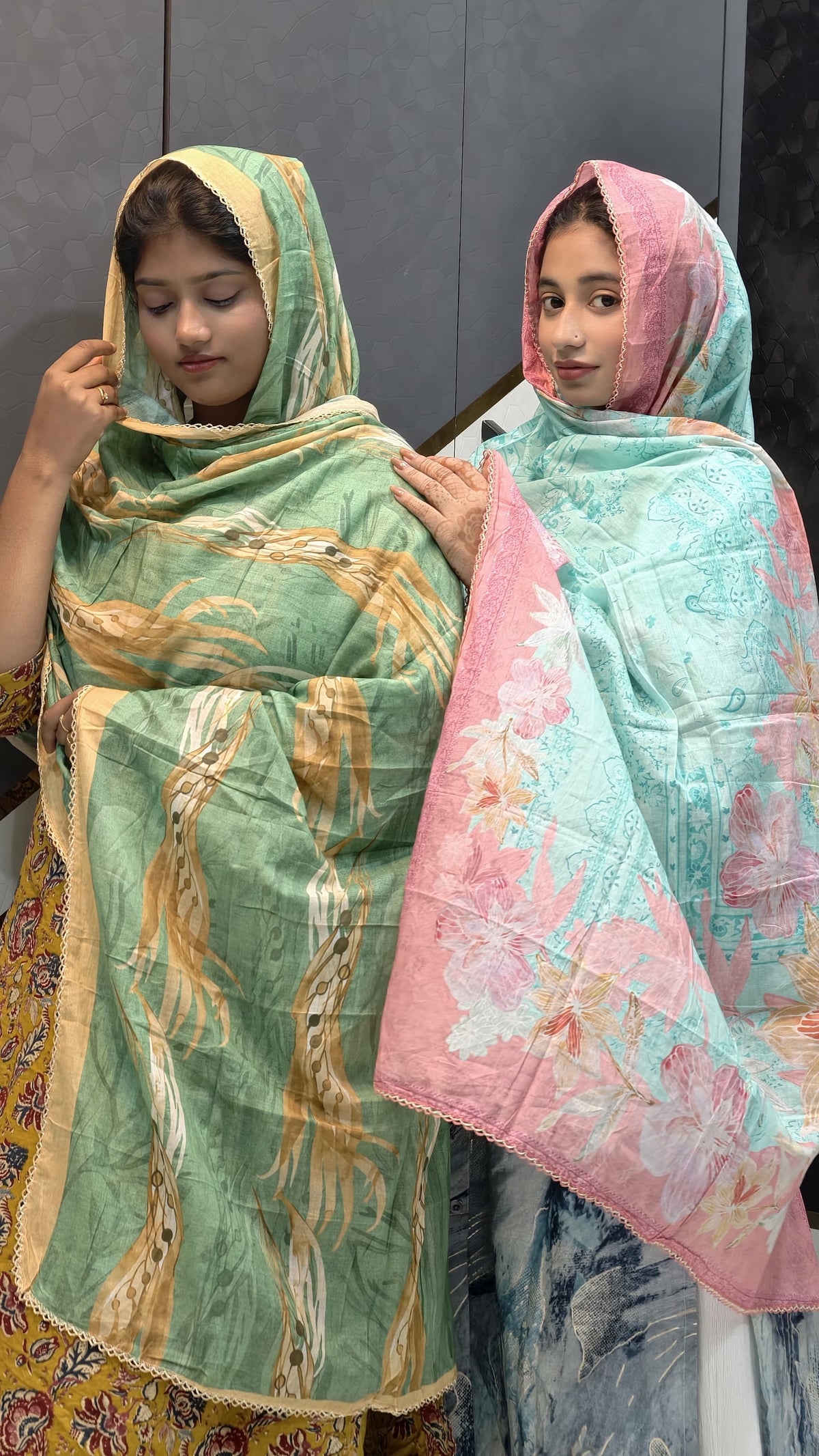 Daily Wear Cotton Printed Dupatta – Pastel Sage Wave & Mint Pink Blossom