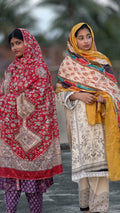 Premium Cotton Digital Print Dupatta – Rich Crimson Ajrakh & Mustard Multi-Stripe Patola
