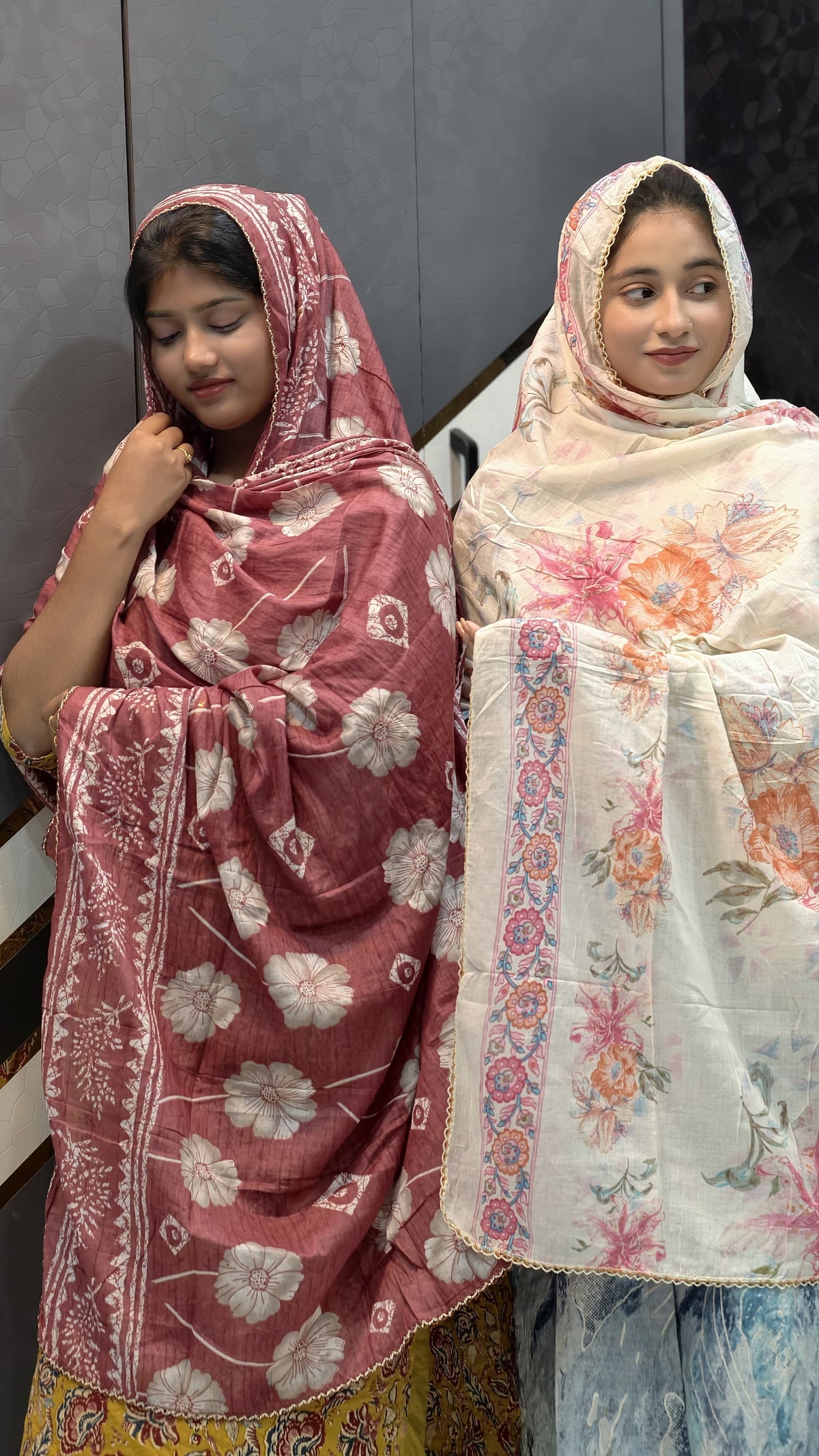 Daily Wear Cotton Printed Dupatta – Terracotta Block-Print & Ivory Peach Blossom