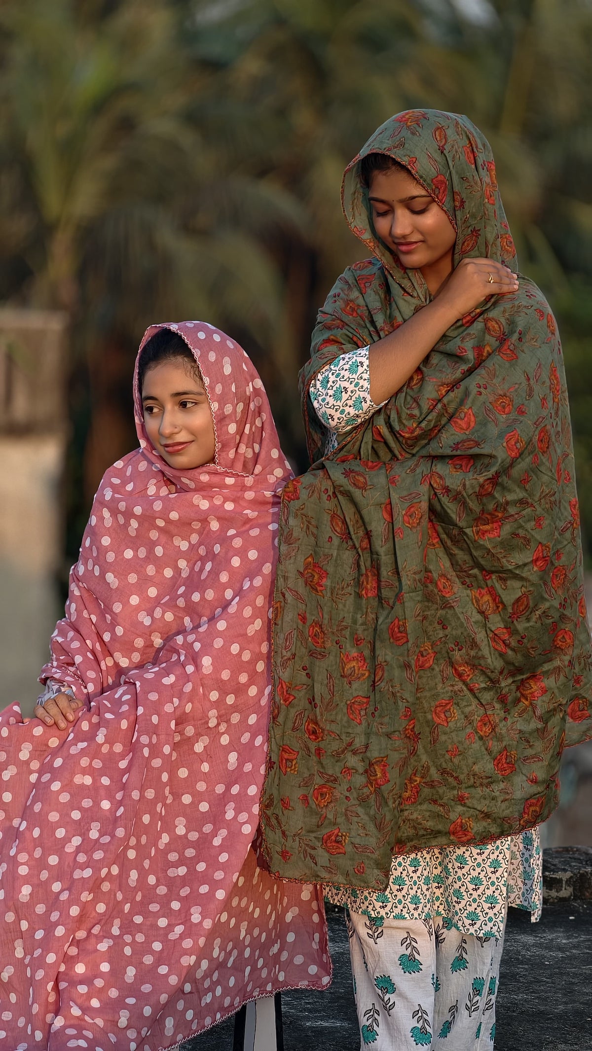 Daily Wear Cotton Printed Dupatta – Playful Pink Polka Dot & Olive Rust Floral