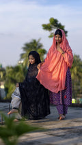 Daily Wear Cotton Kota Dupatta Set – Jet Black & Soft Peach-Coral Woven Lattice