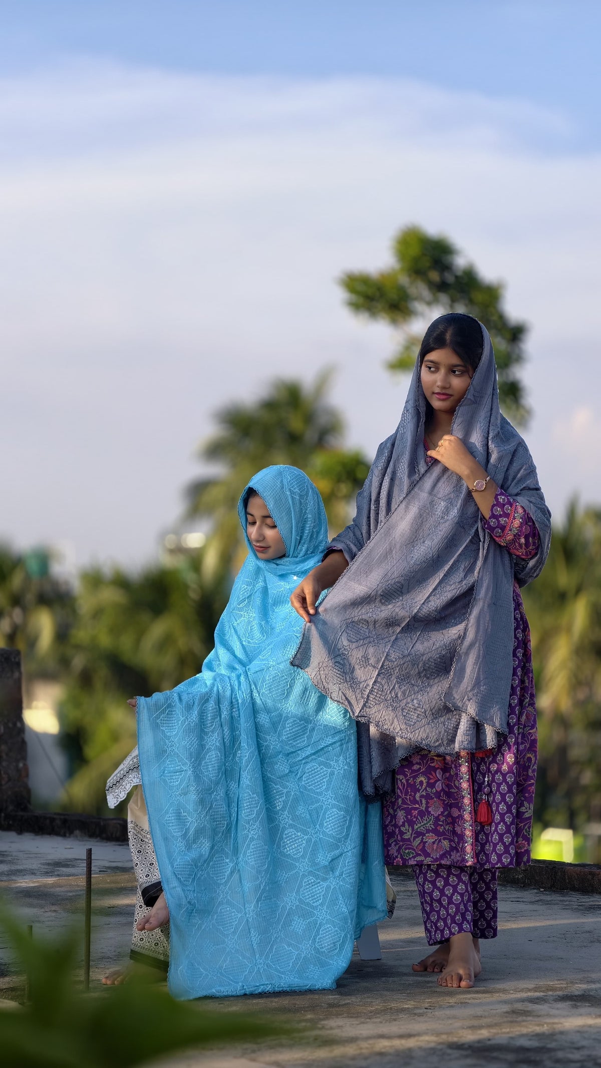 Daily Wear Cotton Kota Dupatta Set – Sky Blue & Slate Grey Woven Lattice