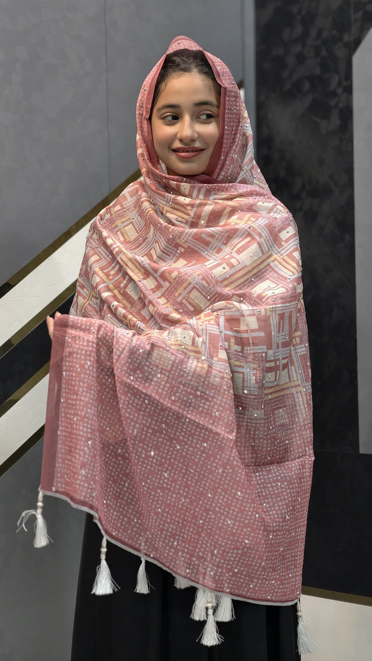 Affordable Chanderi Cotton Silk Dupatta – Rose Pink Geometric Mosaic & Sequins
