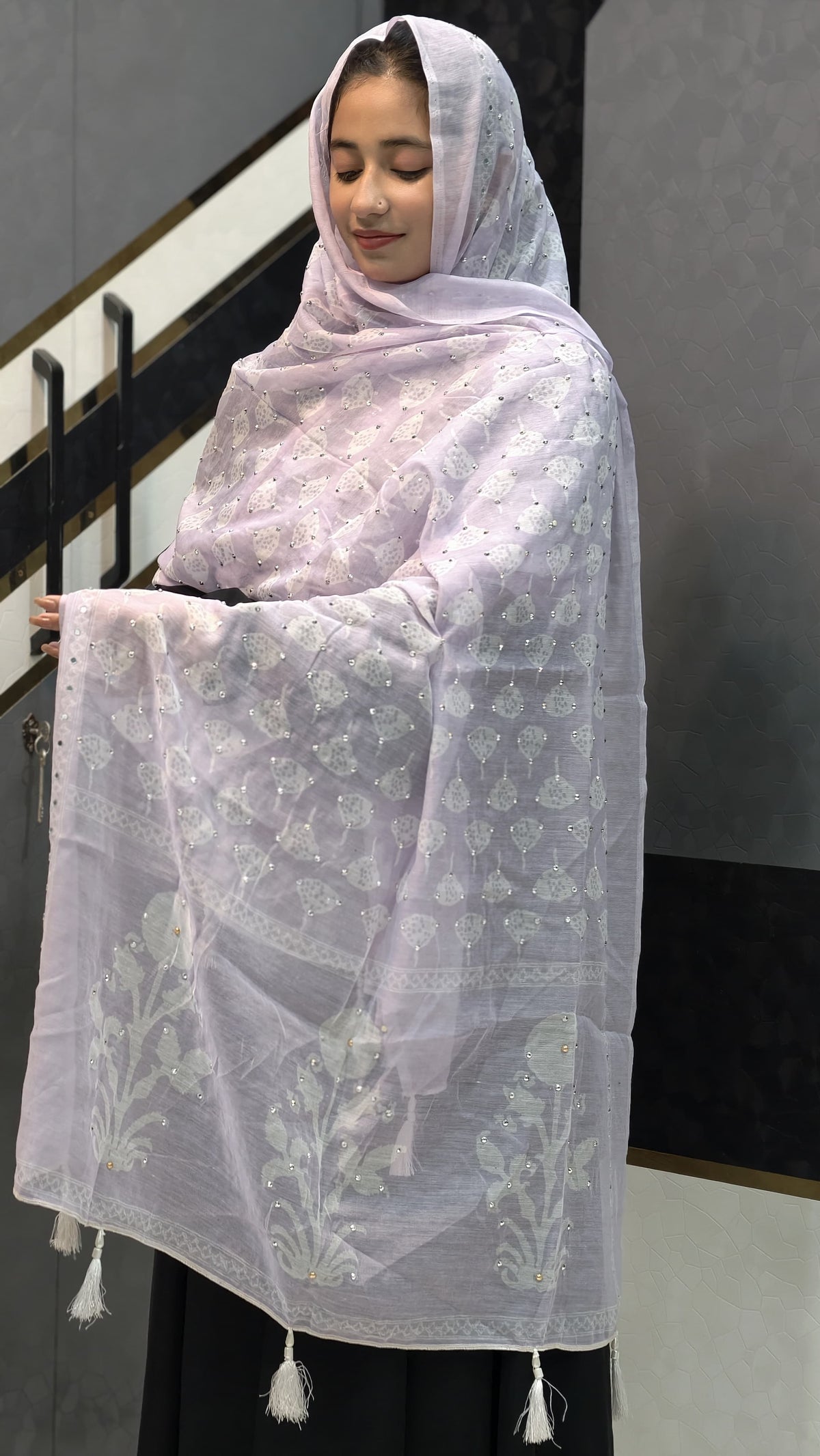 Affordable Chanderi Cotton Silk Dupatta – Pastel Lavender Leaf Booti & Sequins