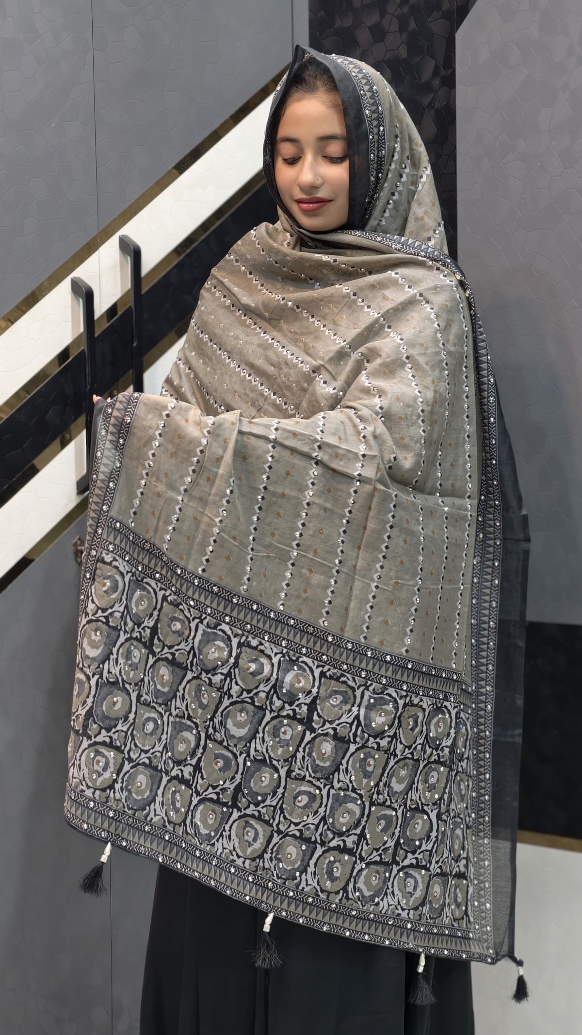 Affordable Chanderi Cotton Silk Dupatta – Metallic Grey Traditional Paisley & Sequins