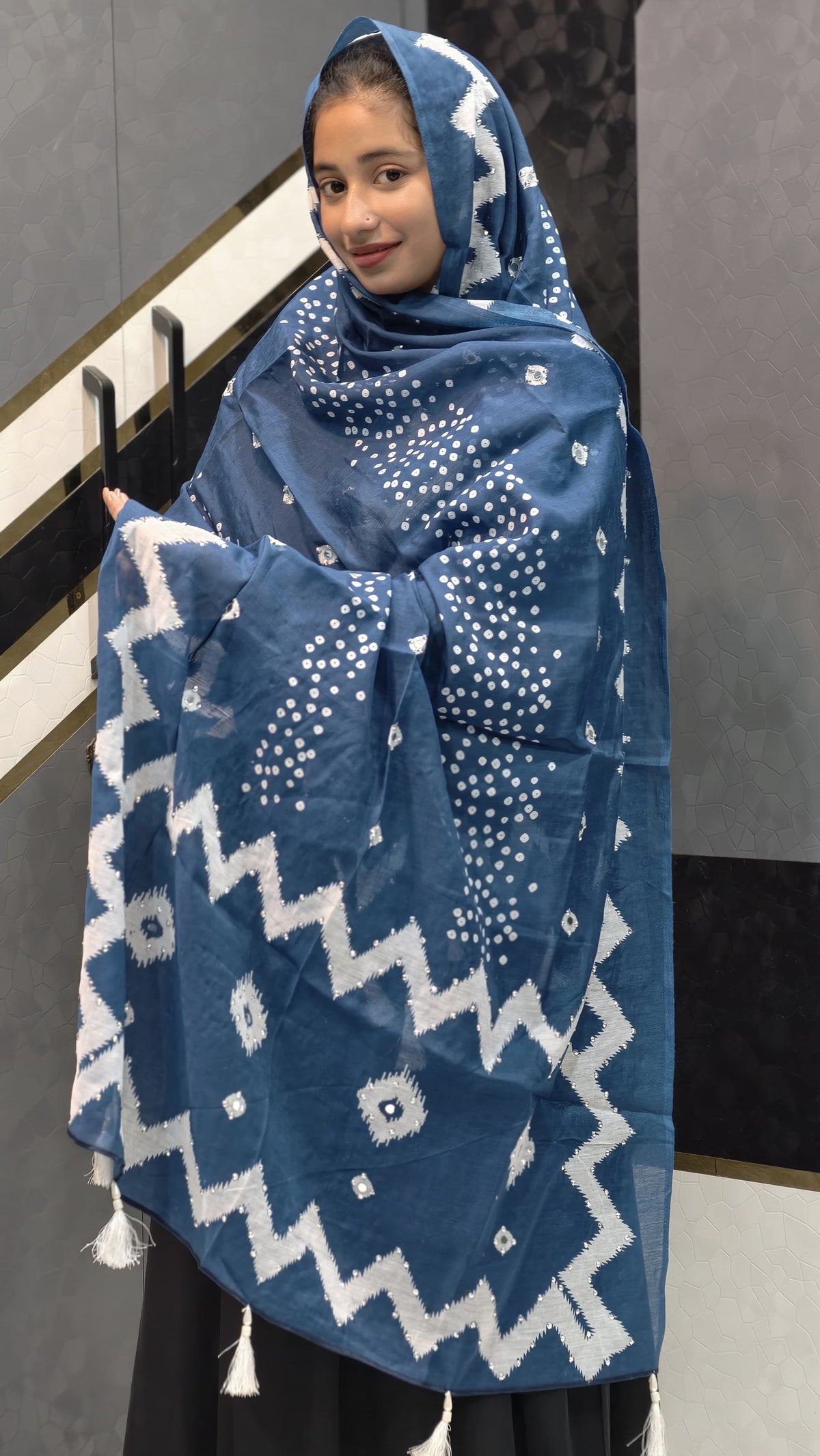 Affordable Chanderi Cotton Silk Dupatta – Indigo Blue Bandhani & Zig-Zag Border