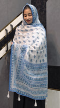 Affordable Chanderi Cotton Silk Dupatta – Ivory White & Sky Blue Block-Print Booti