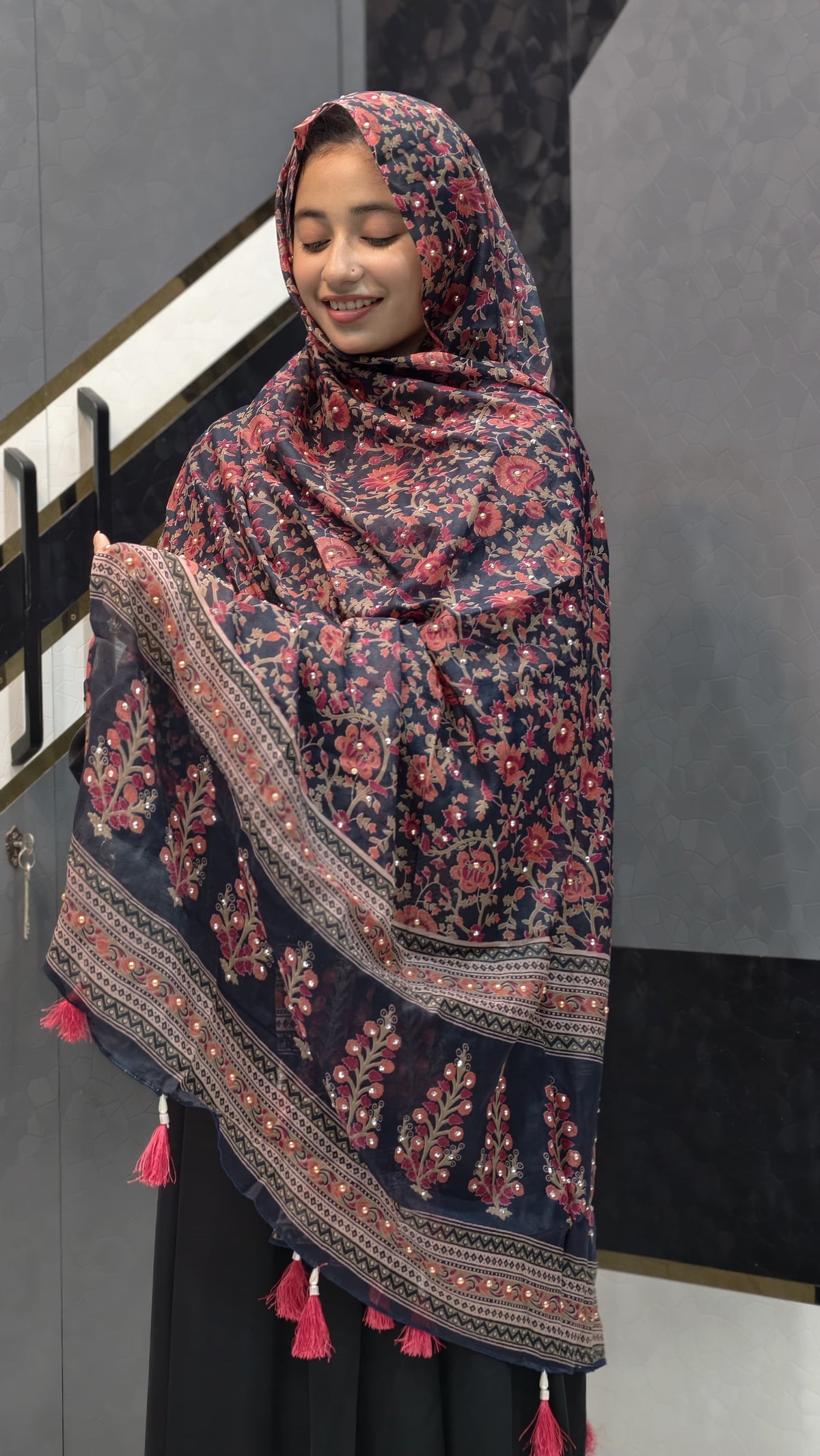 Affordable Chanderi Cotton Silk Dupatta – Midnight Navy Floral Kalamkari & Sequins